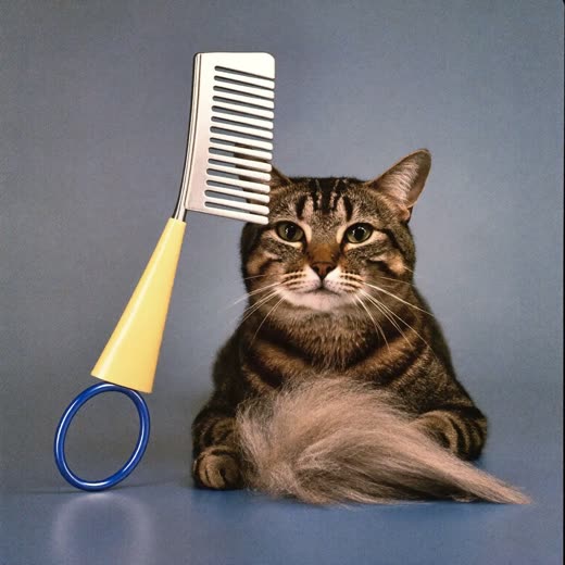 De-shedding rake with a tuft of brushed-out fur